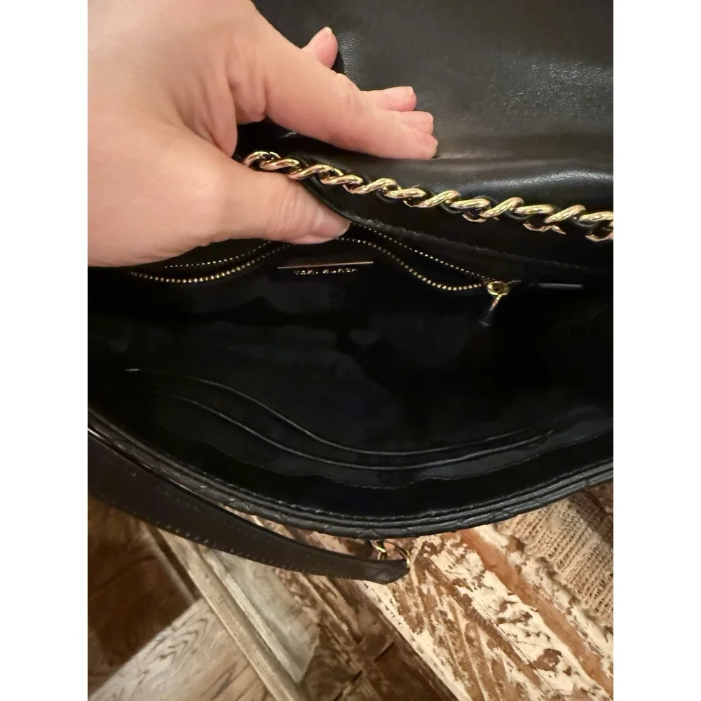 Tory Burch Fleming Black Leather Convertible Shoulder‎ Bag Quilted Tassel Large